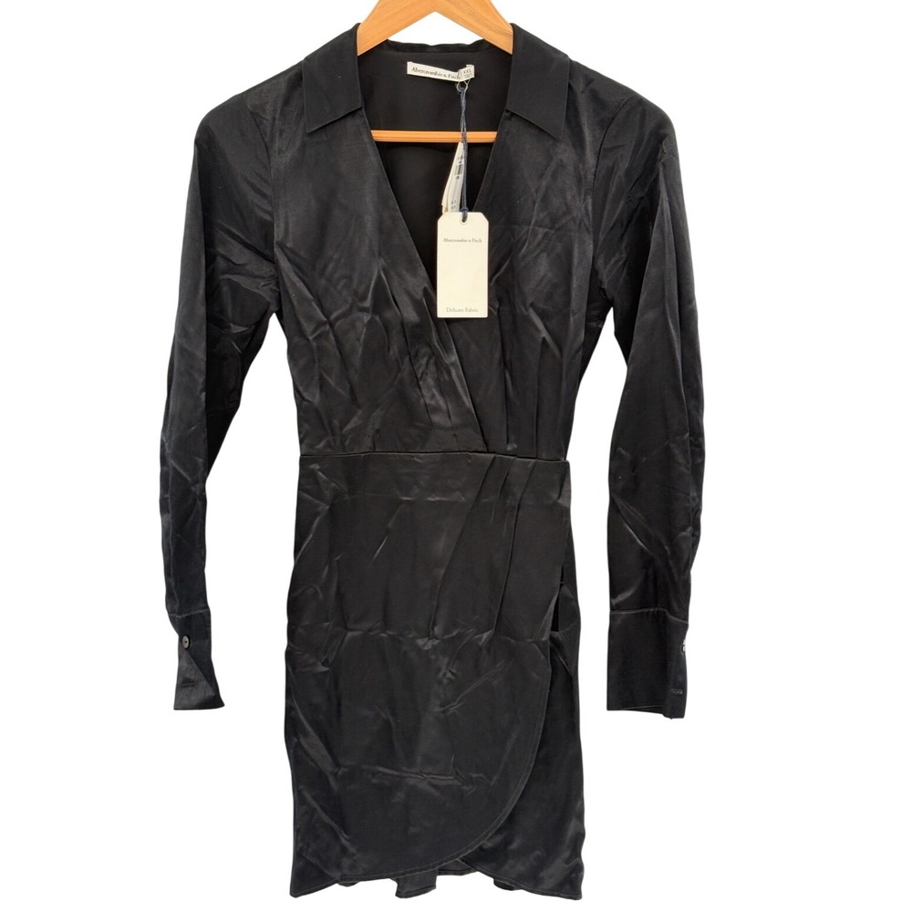 NEW Abercrombie & Fitch Mini Dress Shirt Satin Collar XXS Black Long Sleeve